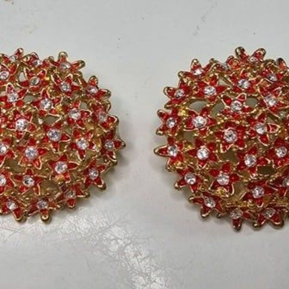 Red Enamel & Clear Glass Gold Tone Clip-On Earrings 1.75"L